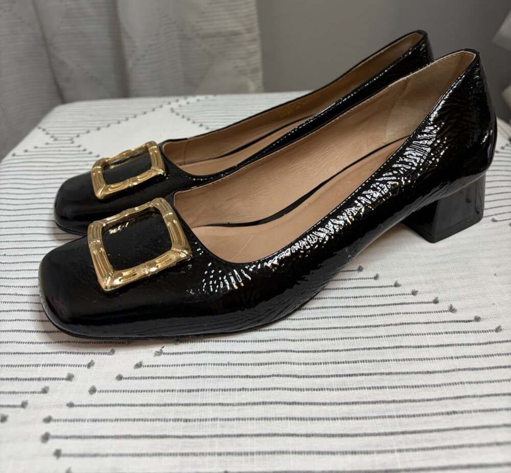 Lilly Pulitzer Heels Women Sz 8.5M Pump Black Patent Leather Square Toe Slip On